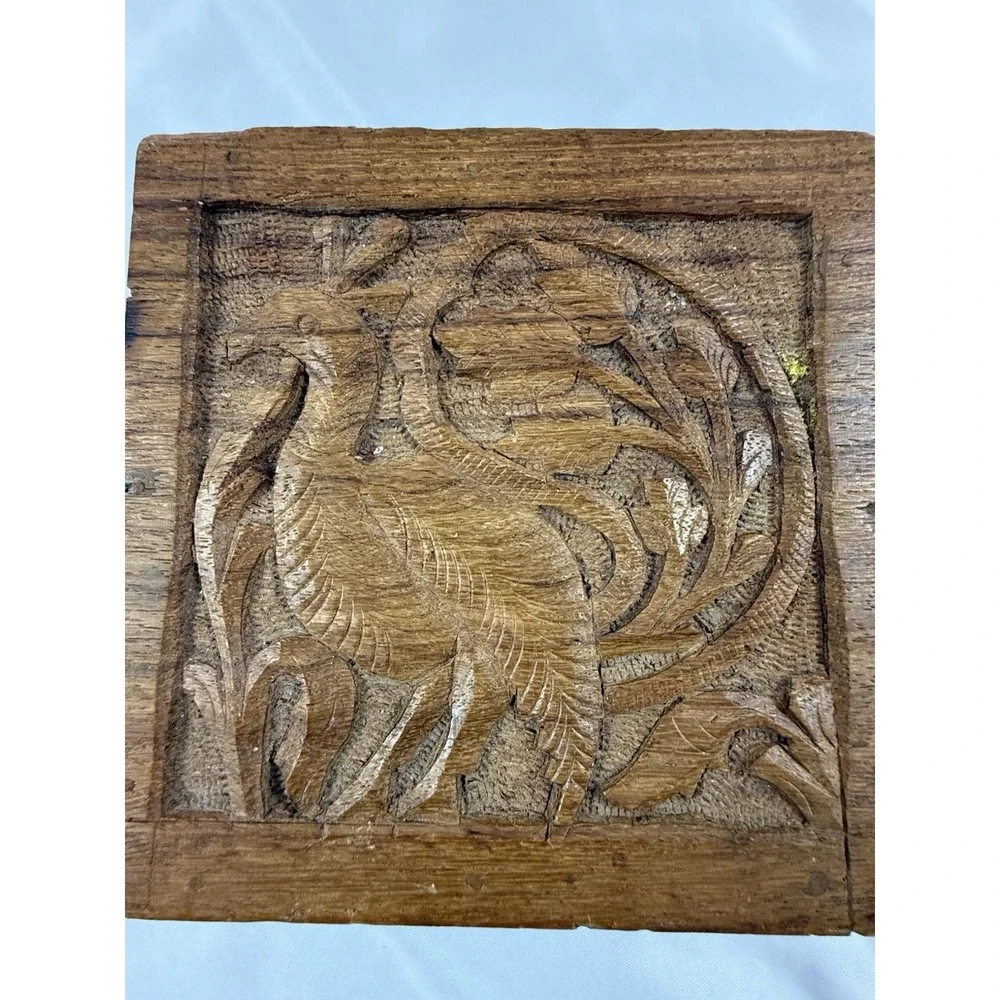 Vintage Hand Carved Wood Peacock Trinket Box Jewelry Storage Hinged Lid India